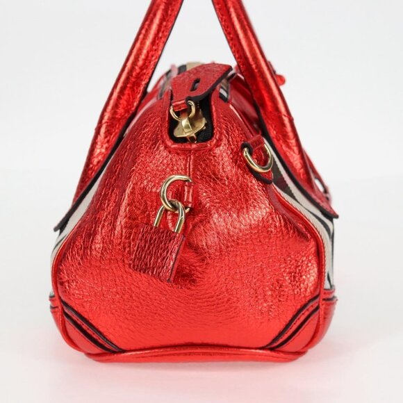 BURBERRY Nova Check Hand Bag Canvas Leather 2way Red Gold Auth - Picture 5 of 16